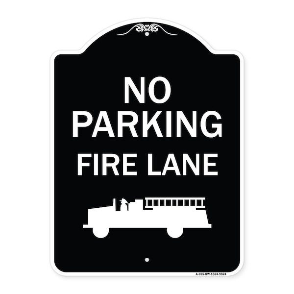 Designer Series-No Parking Fire Lane, Black & White Heavy-Gauge Aluminum, 24" x 18", BW-1824-9824